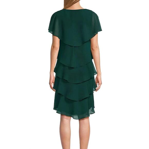 NEW SLNY georgette tiered capelet dress in pine - Picture 4 of 4